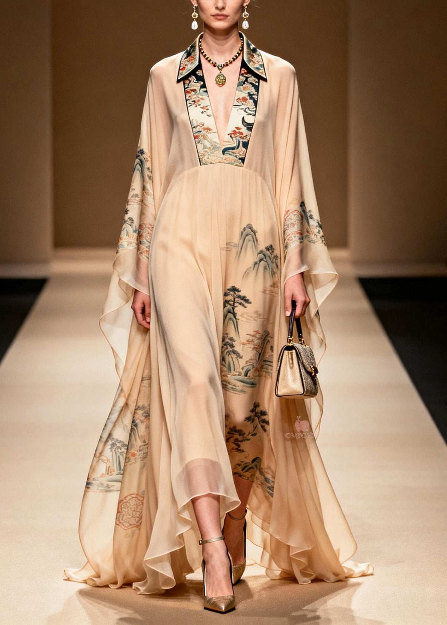 Oriental Landscape Print Deep V-Neck Butterfly Sleeve Chiffon Kaftan Maxi Gown