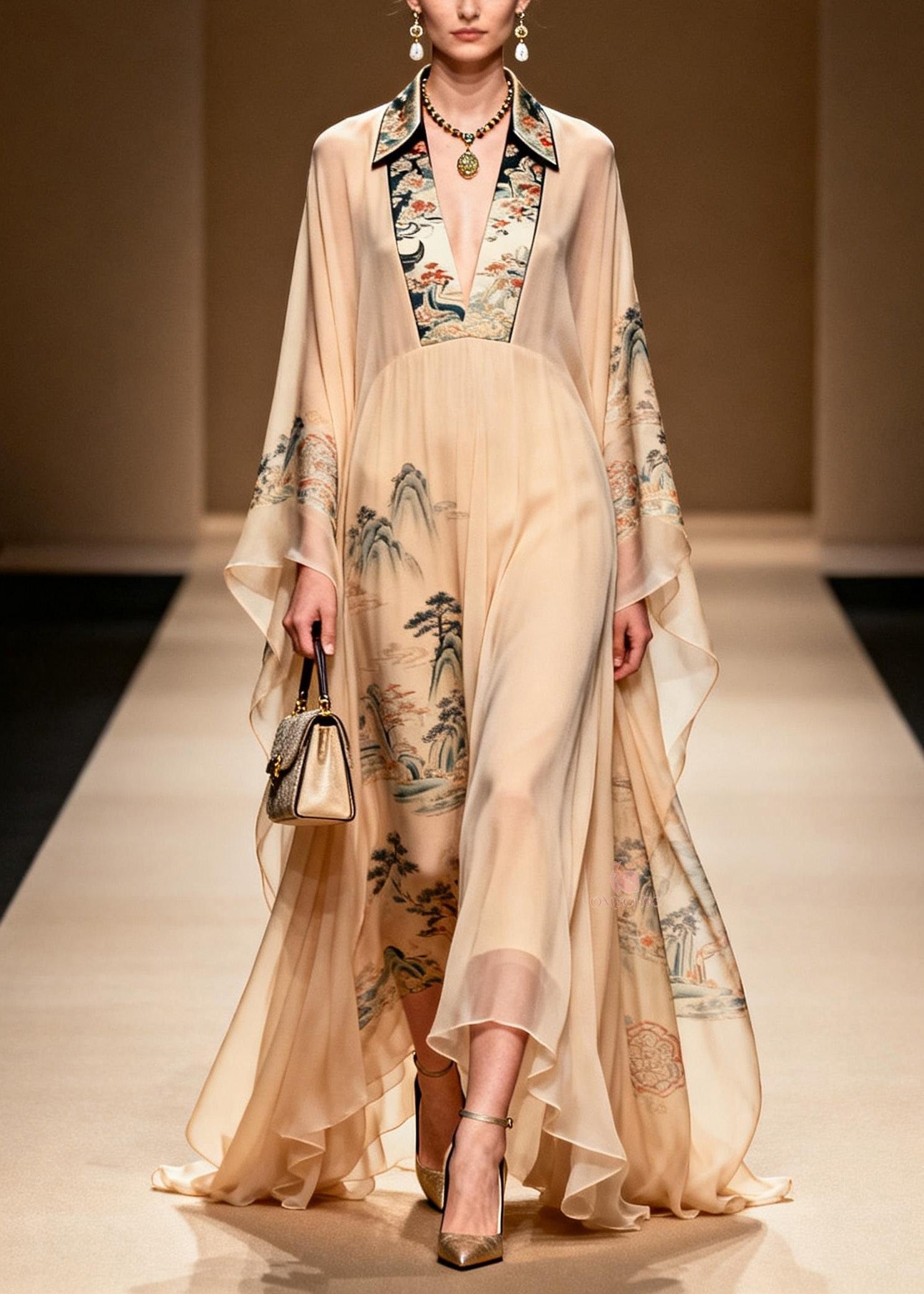 Oriental Landscape Print Deep V-Neck Butterfly Sleeve Chiffon Kaftan Maxi Gown