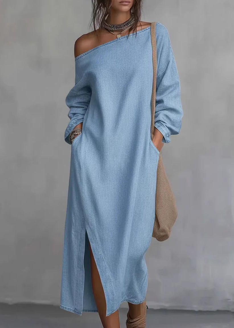 Plus Size Black Cold Shoulder Side Open Cotton Dress Long Sleeve