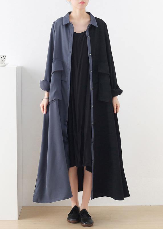 Long Sleeve Button Down Split Panel Flap Pocket Shirt Maxi Dress
