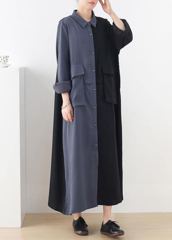 Long Sleeve Button Down Split Panel Flap Pocket Shirt Maxi Dress
