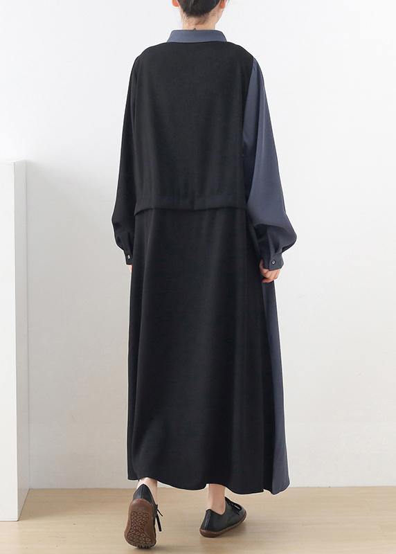 Long Sleeve Button Down Split Panel Flap Pocket Shirt Maxi Dress