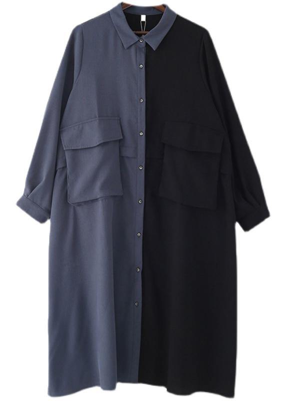 Long Sleeve Button Down Split Panel Flap Pocket Shirt Maxi Dress
