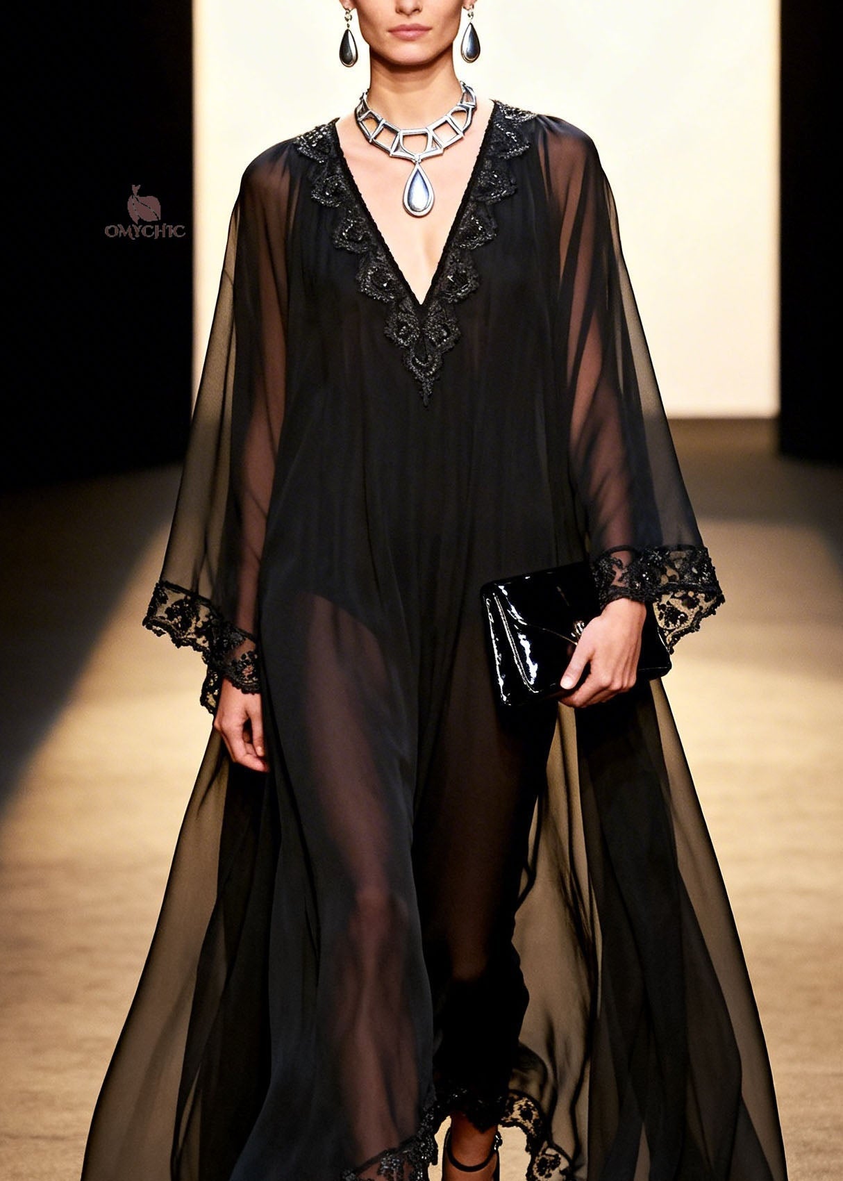 Deep V-Neck Bell Sleeve Lace Trim Sheer Chiffon Maxi Dress