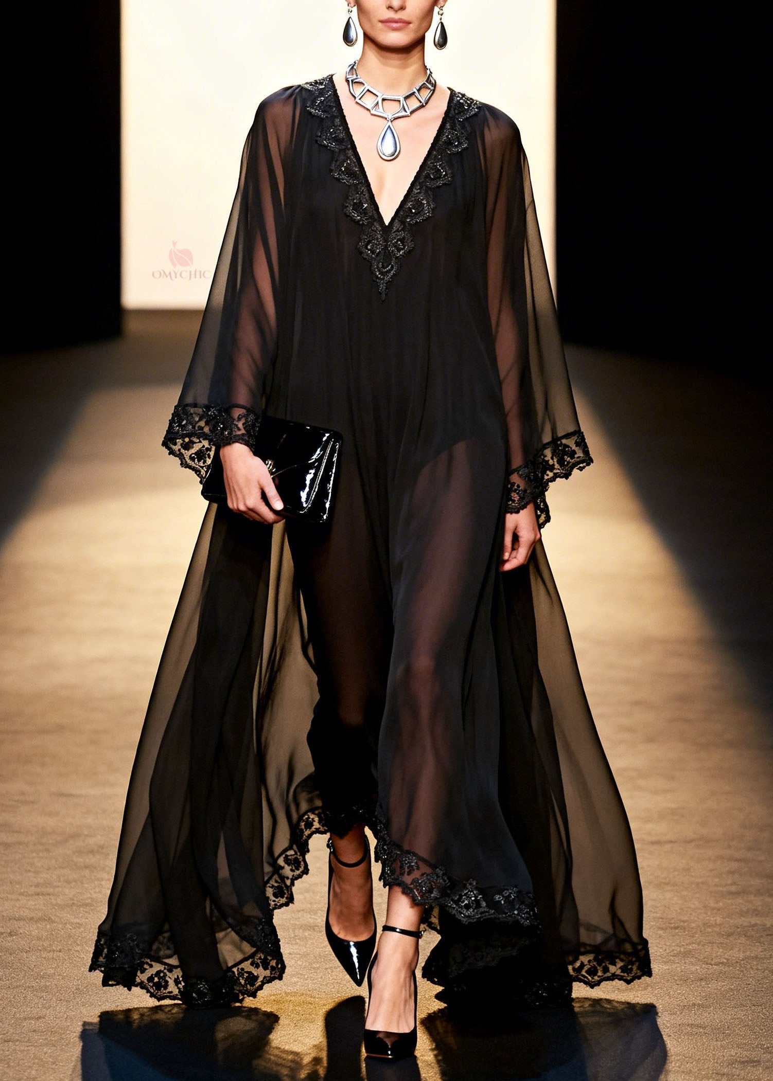 Deep V-Neck Bell Sleeve Lace Trim Sheer Chiffon Maxi Dress