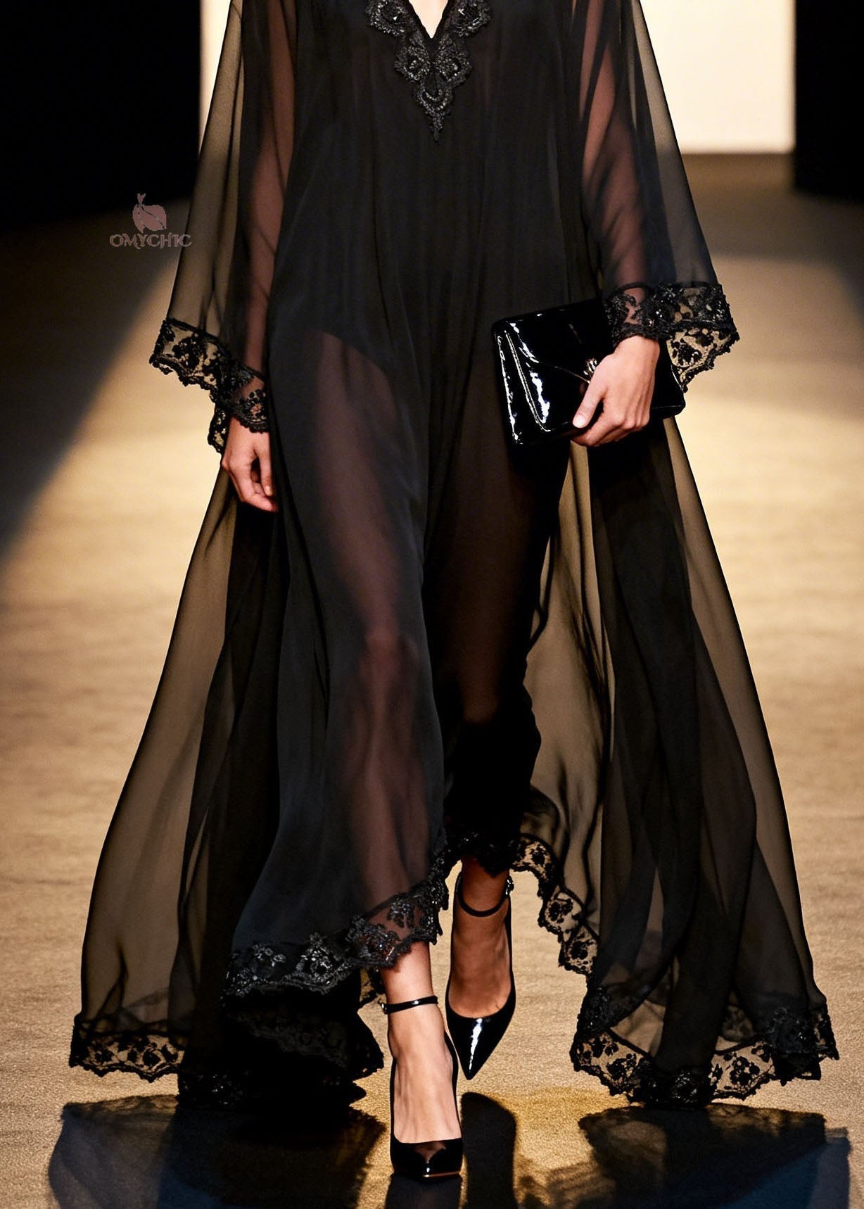 Deep V-Neck Bell Sleeve Lace Trim Sheer Chiffon Maxi Dress