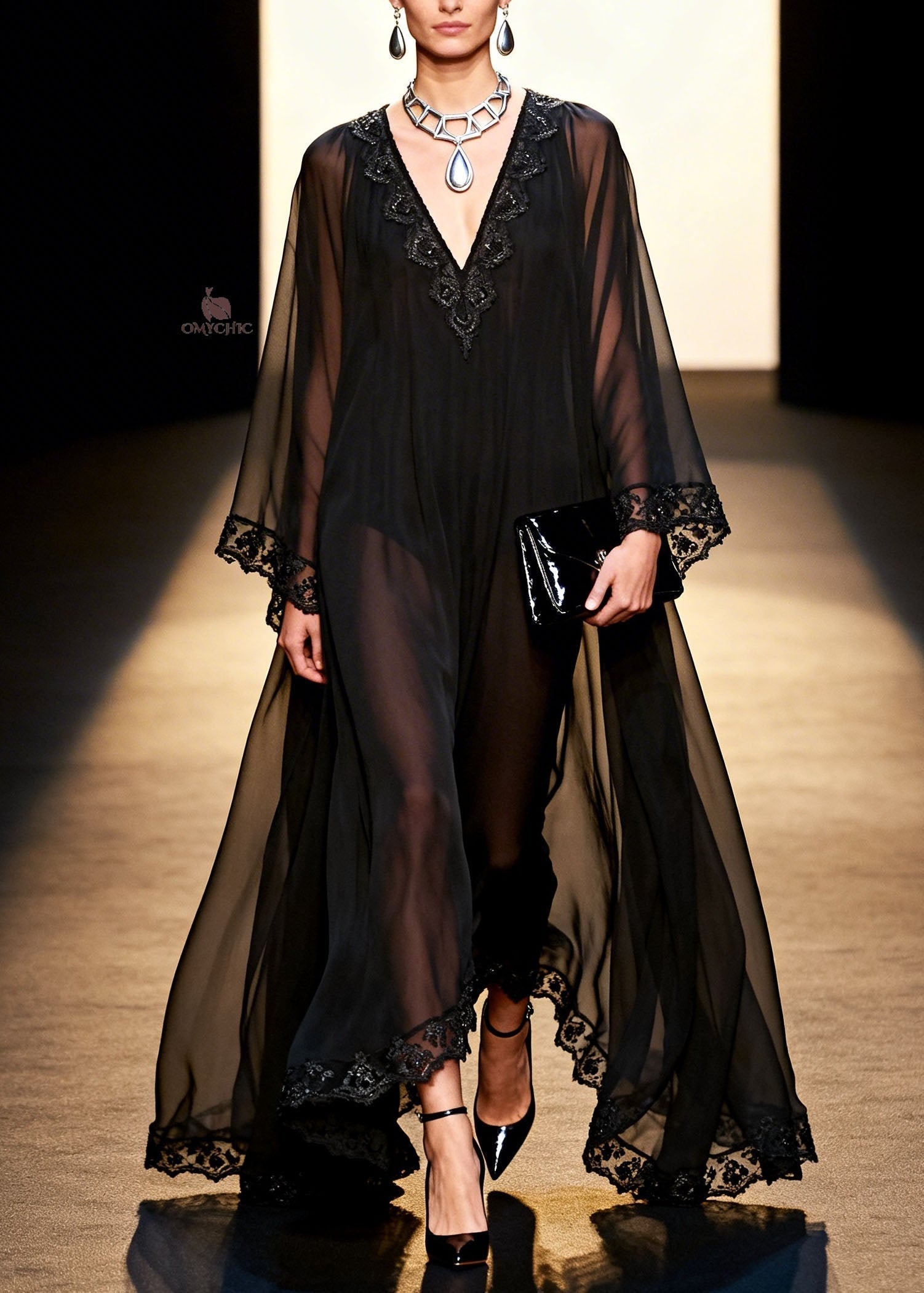 Deep V-Neck Bell Sleeve Lace Trim Sheer Chiffon Maxi Dress