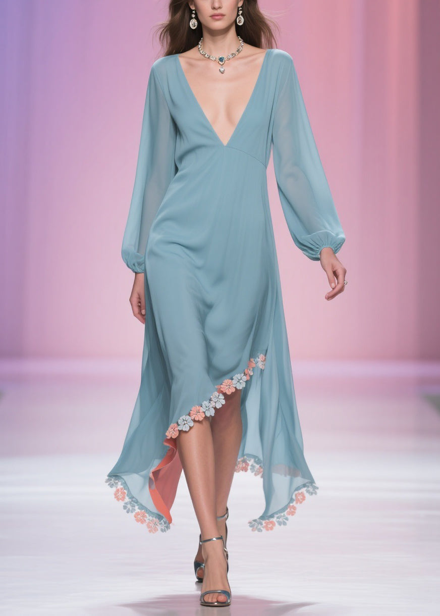 Chiffon Deep V-Neck Long Sleeve Floral Applique High Low Midi Dress