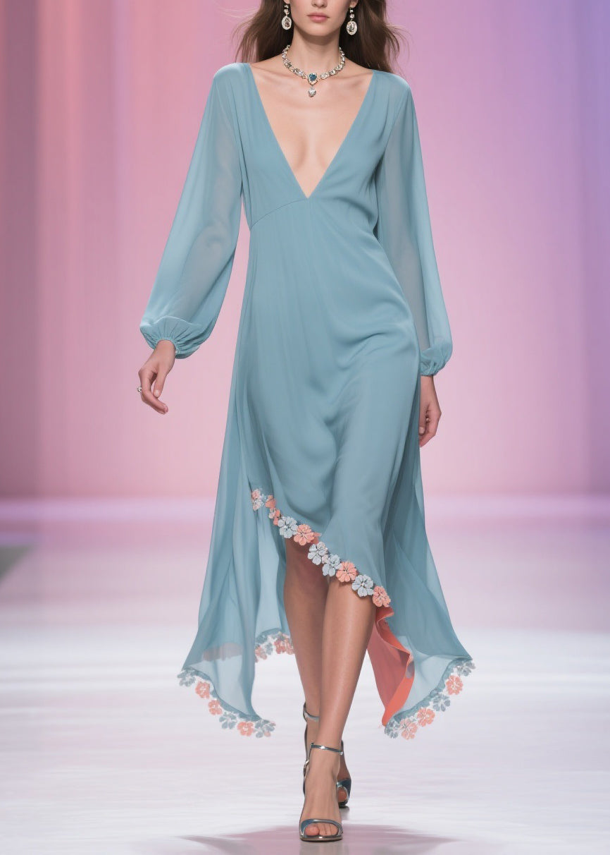 Chiffon Deep V-Neck Long Sleeve Floral Applique High Low Midi Dress