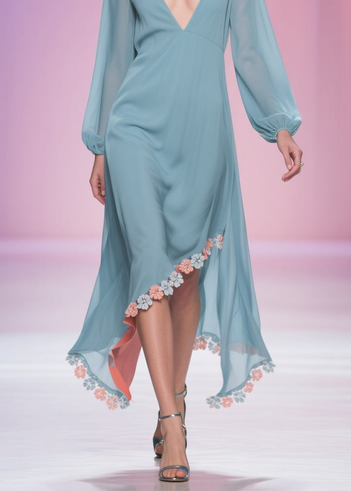 Chiffon Deep V-Neck Long Sleeve Floral Applique High Low Midi Dress
