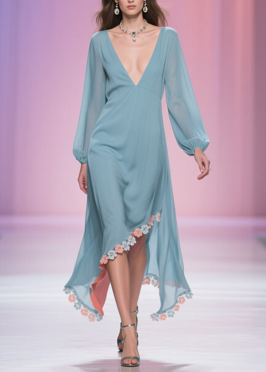 Chiffon Deep V-Neck Long Sleeve Floral Applique High Low Midi Dress