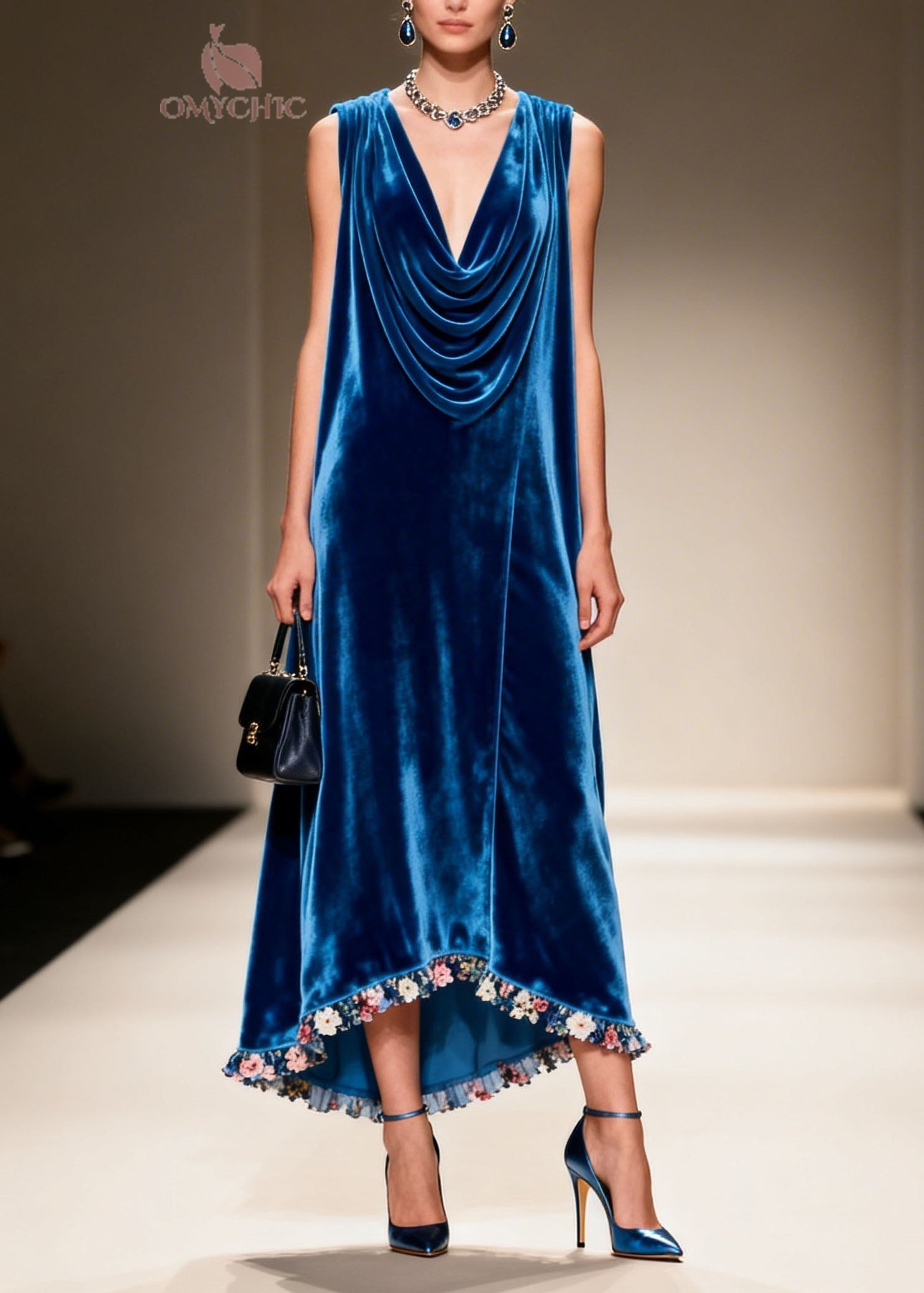 Velvet Cowl Neck Sleeveless Floral Ruffle Trim High Low Maxi Dress