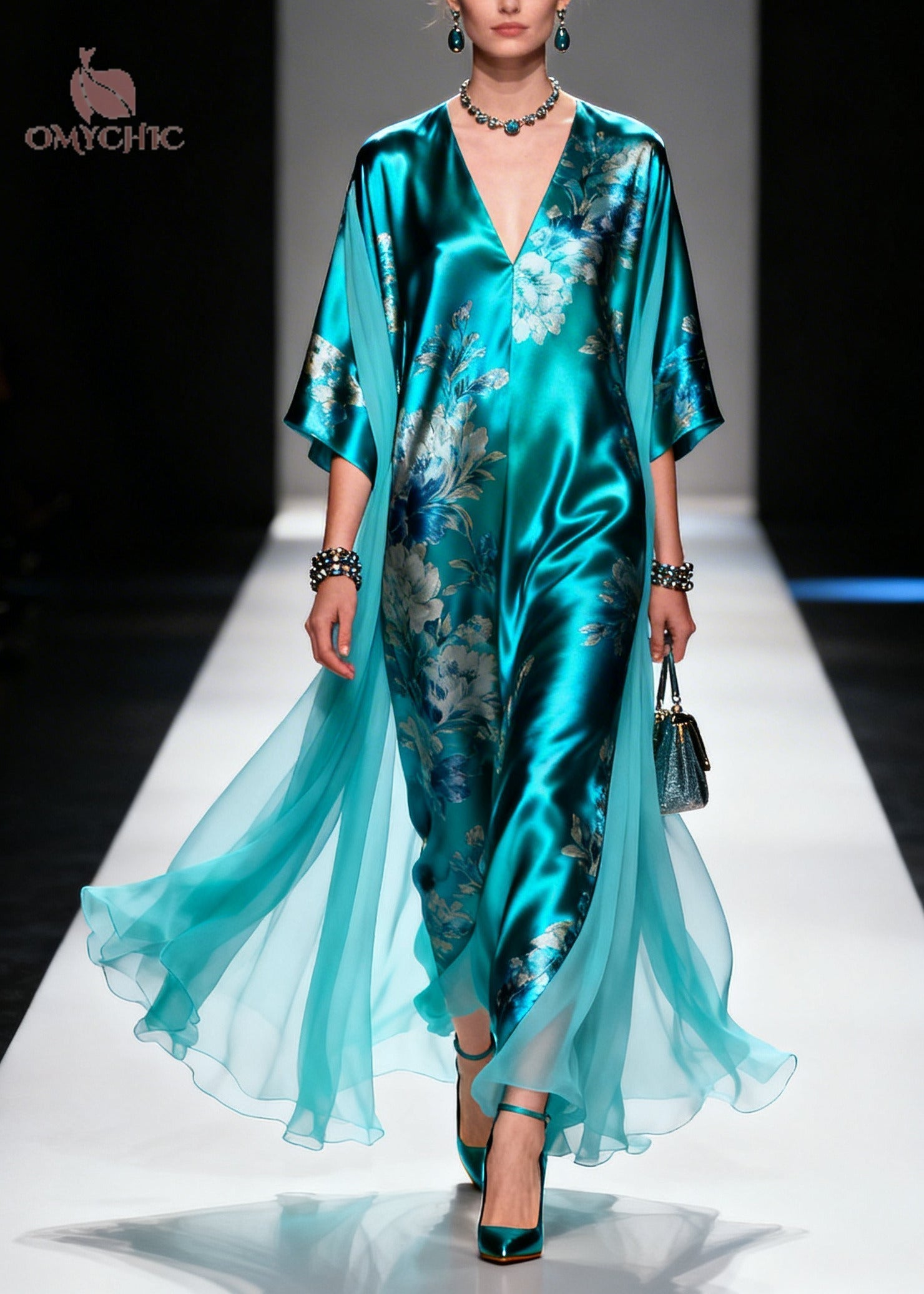 Floral Deep V-Neck Batwing Sleeve Satin Chiffon Kaftan Maxi Dress