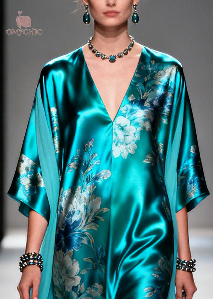 Floral Deep V-Neck Batwing Sleeve Satin Chiffon Kaftan Maxi Dress