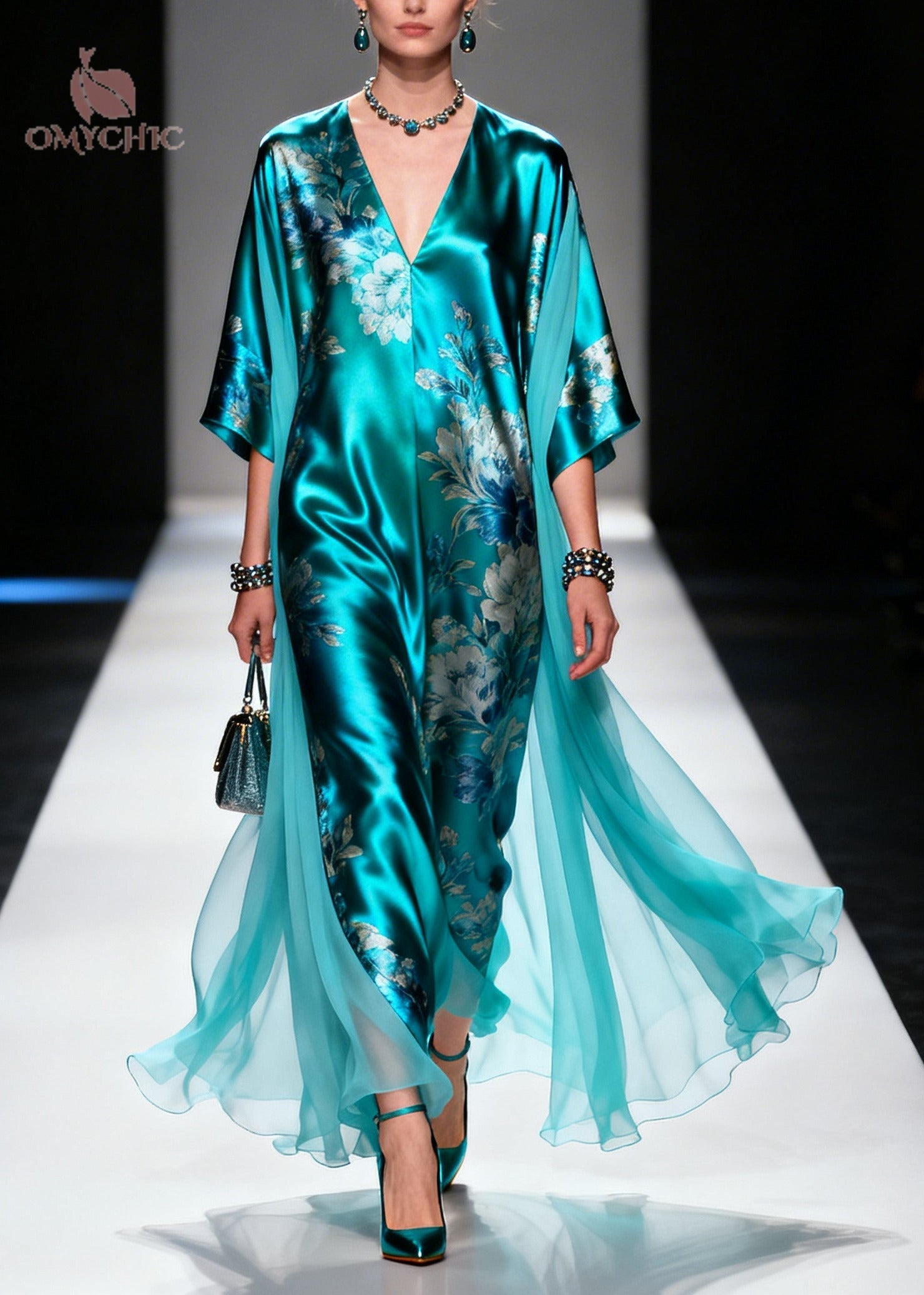Floral Deep V-Neck Batwing Sleeve Satin Chiffon Kaftan Maxi Dress