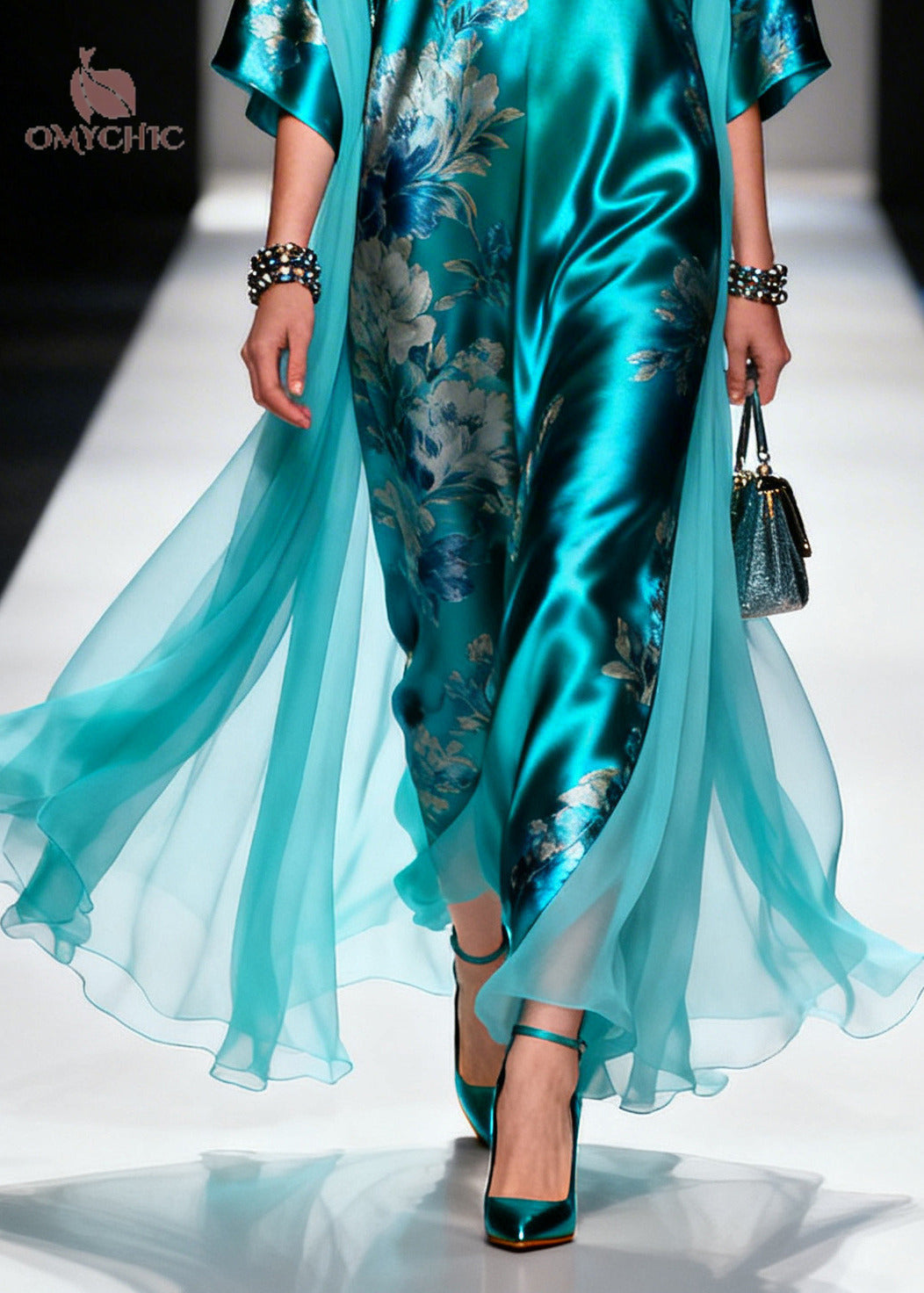 Floral Deep V-Neck Batwing Sleeve Satin Chiffon Kaftan Maxi Dress