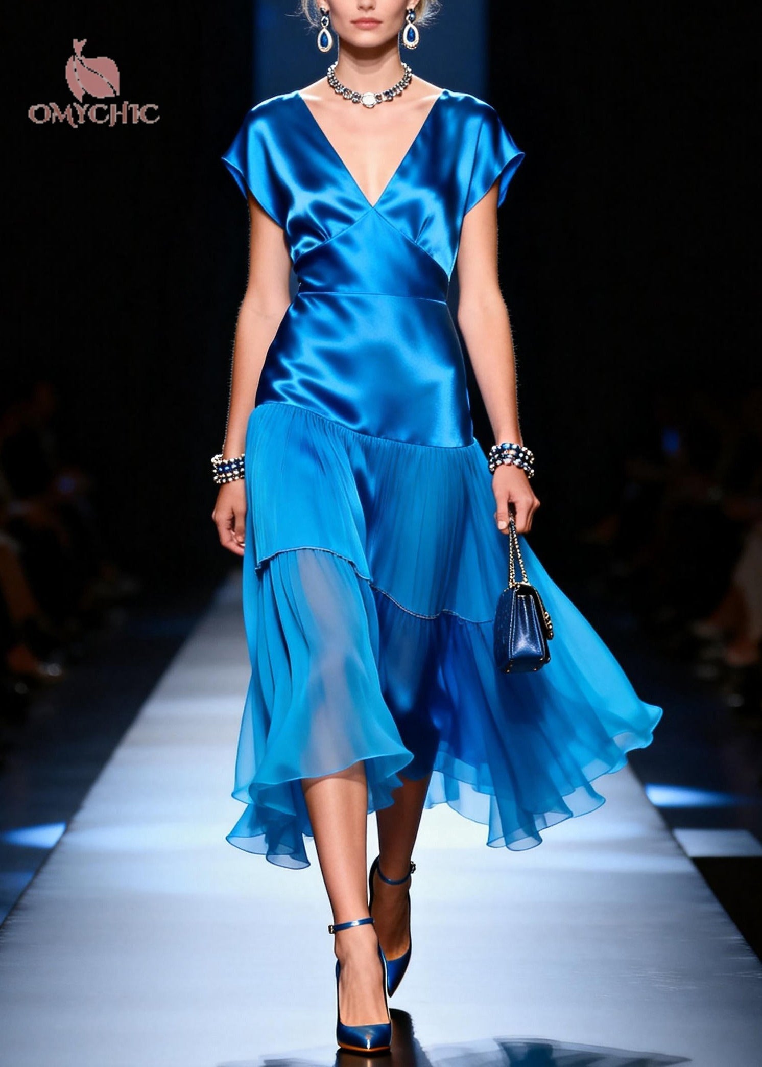 Satin Deep V-Neck Cap Sleeve Tiered Pleated Sheer Hem Midi Dress