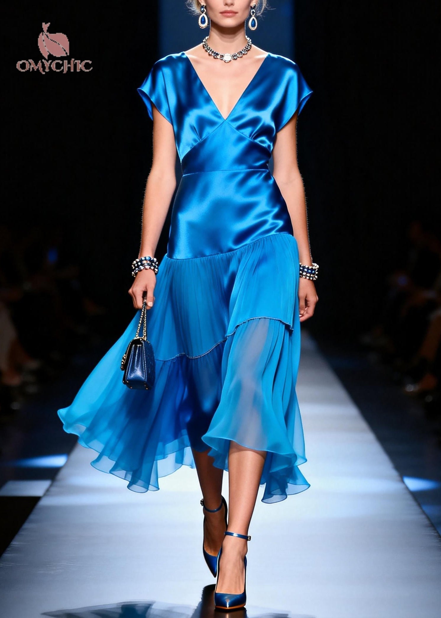 Satin Deep V-Neck Cap Sleeve Tiered Pleated Sheer Hem Midi Dress