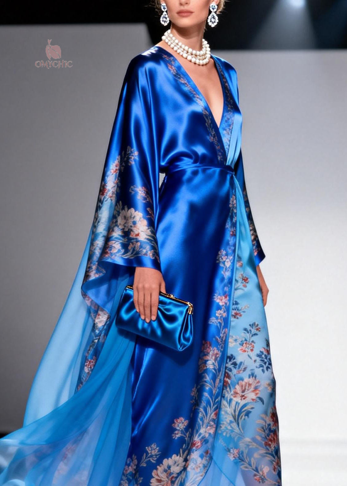 Floral Print Wrap Deep V-Neck Kimono Sleeve Sheer Layered Maxi Gown