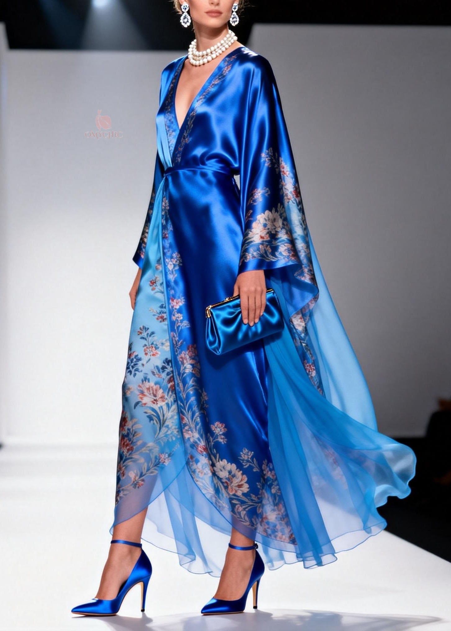 Floral Print Wrap Deep V-Neck Kimono Sleeve Sheer Layered Maxi Gown