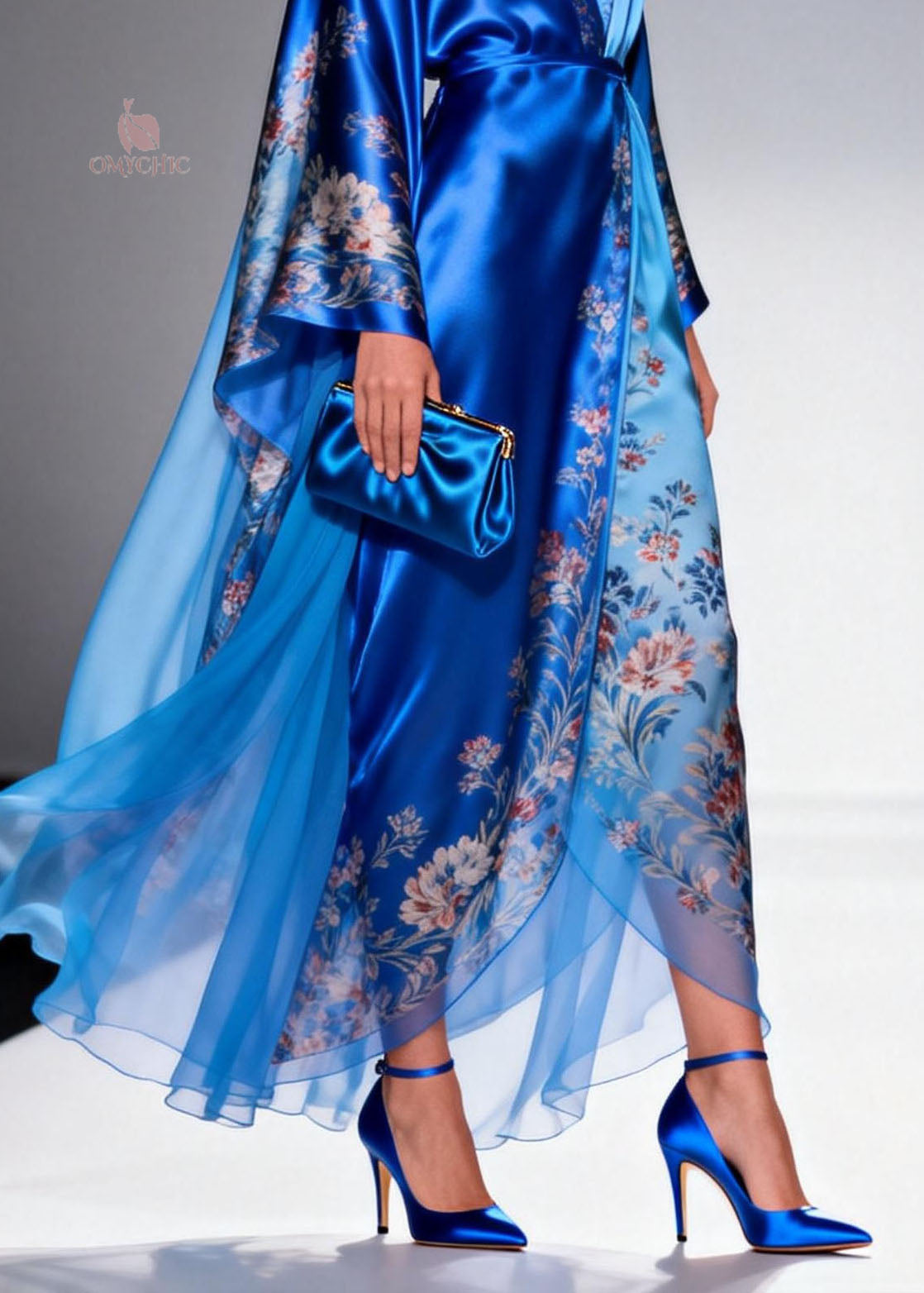 Floral Print Wrap Deep V-Neck Kimono Sleeve Sheer Layered Maxi Gown