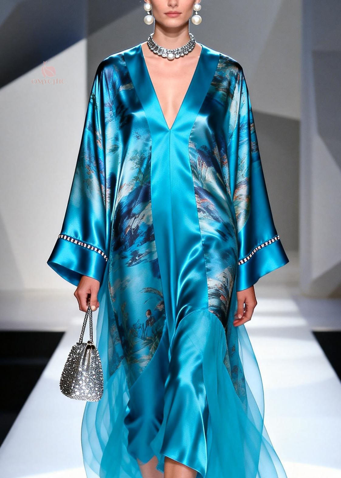 Satin Abstract Landscape Print Deep V-Neck Bell Sleeve Sequin Trim Tiered Maxi Gown