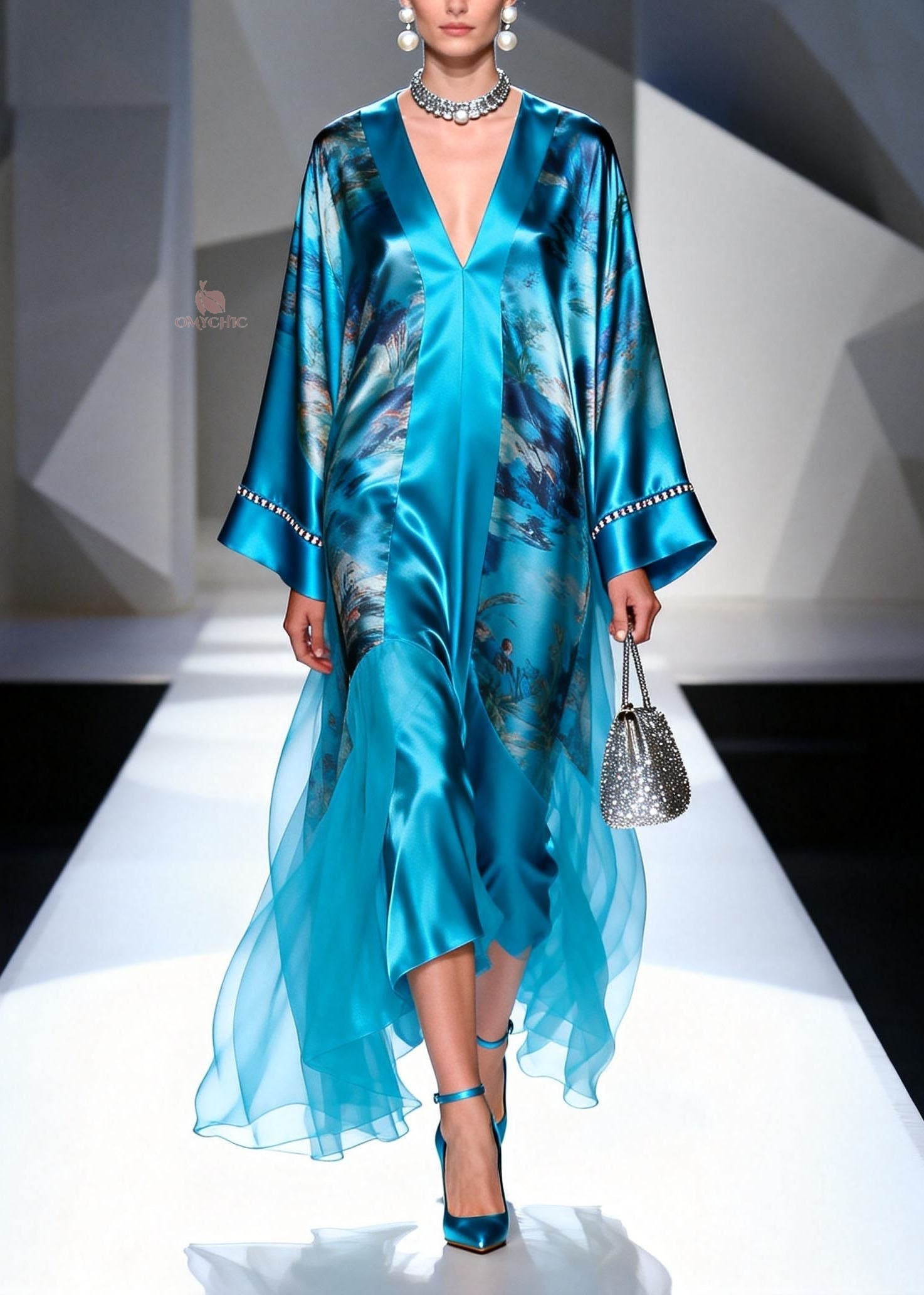 Satin Abstract Landscape Print Deep V-Neck Bell Sleeve Sequin Trim Tiered Maxi Gown