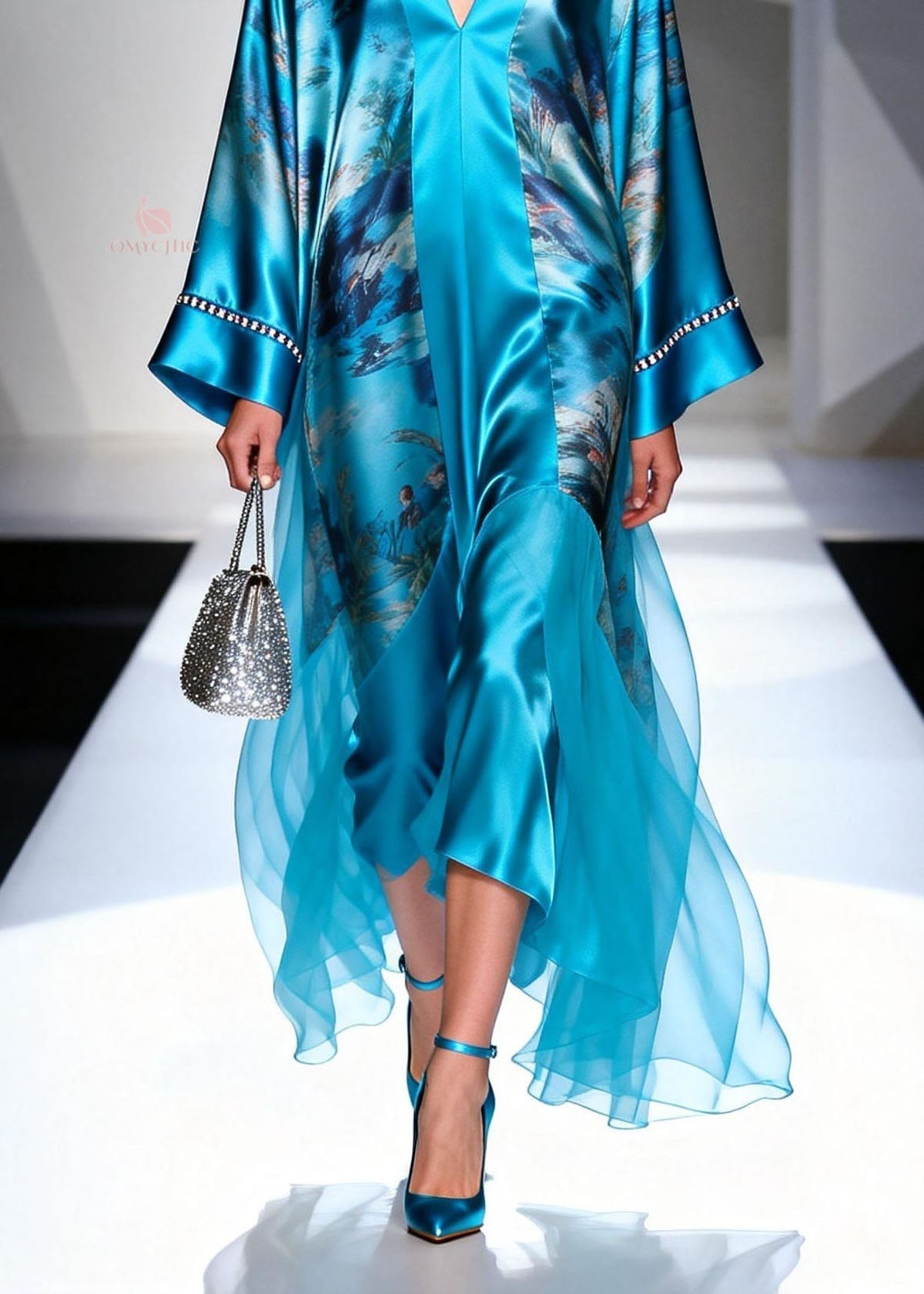 Satin Abstract Landscape Print Deep V-Neck Bell Sleeve Sequin Trim Tiered Maxi Gown