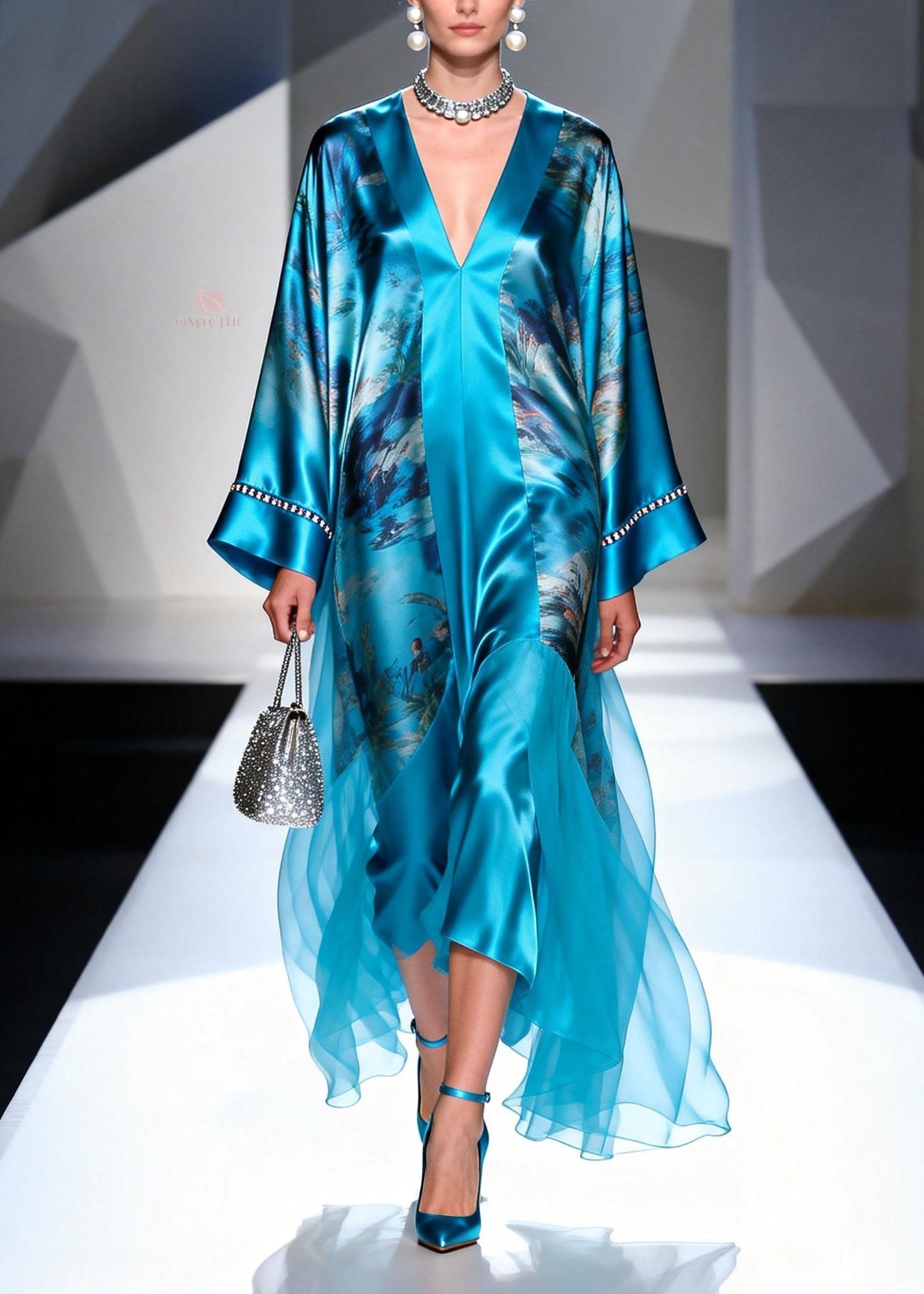 Satin Abstract Landscape Print Deep V-Neck Bell Sleeve Sequin Trim Tiered Maxi Gown