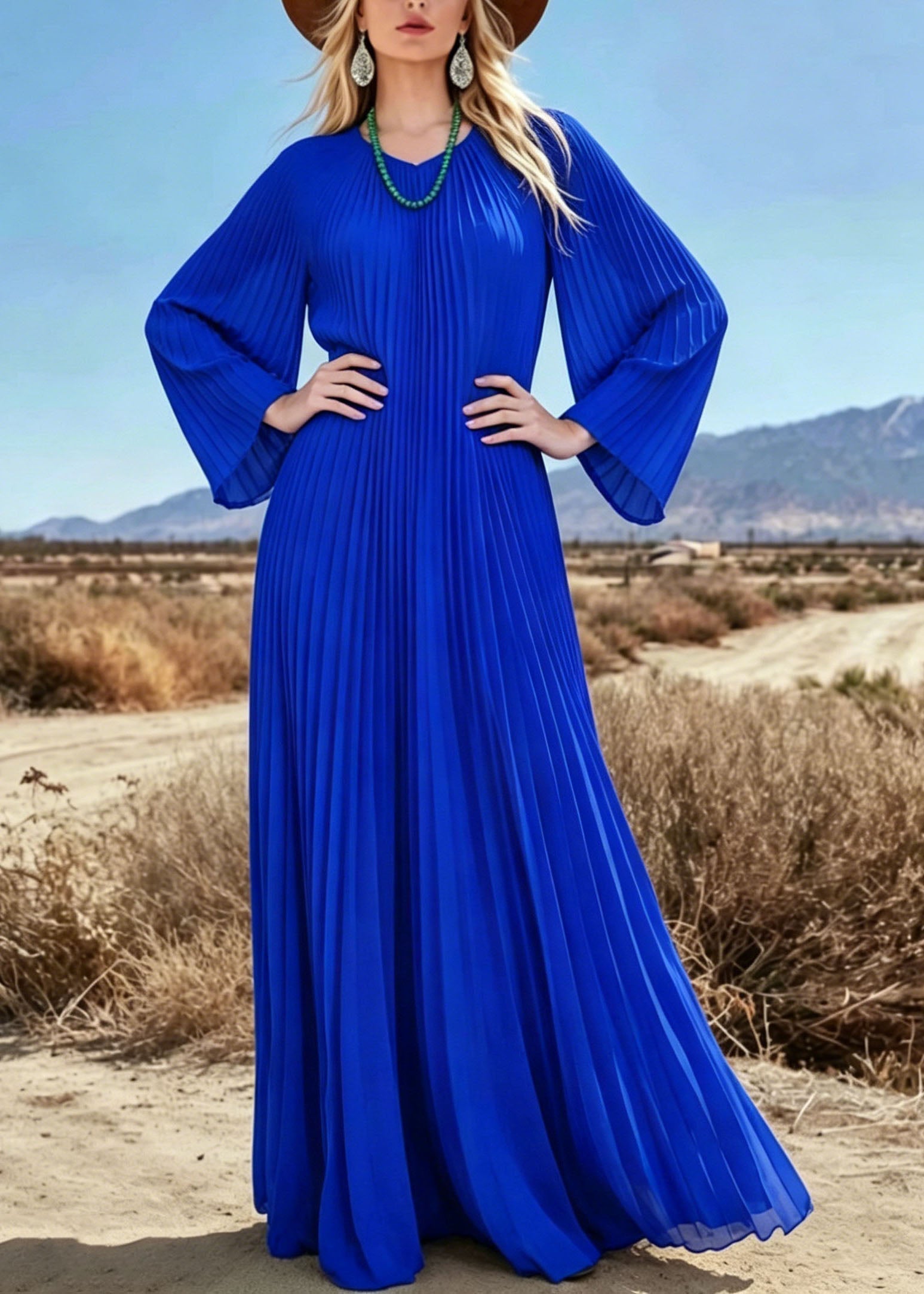 Chiffon Pleated Round Neck Bell Sleeve Flowy Maxi Dress