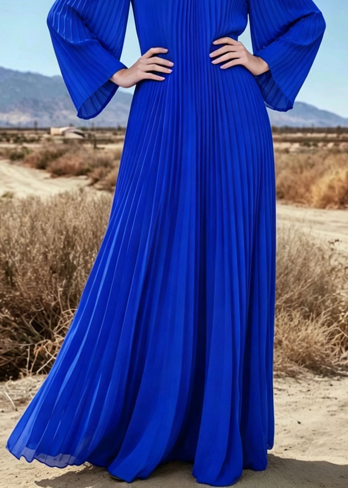 Chiffon Pleated Round Neck Bell Sleeve Flowy Maxi Dress