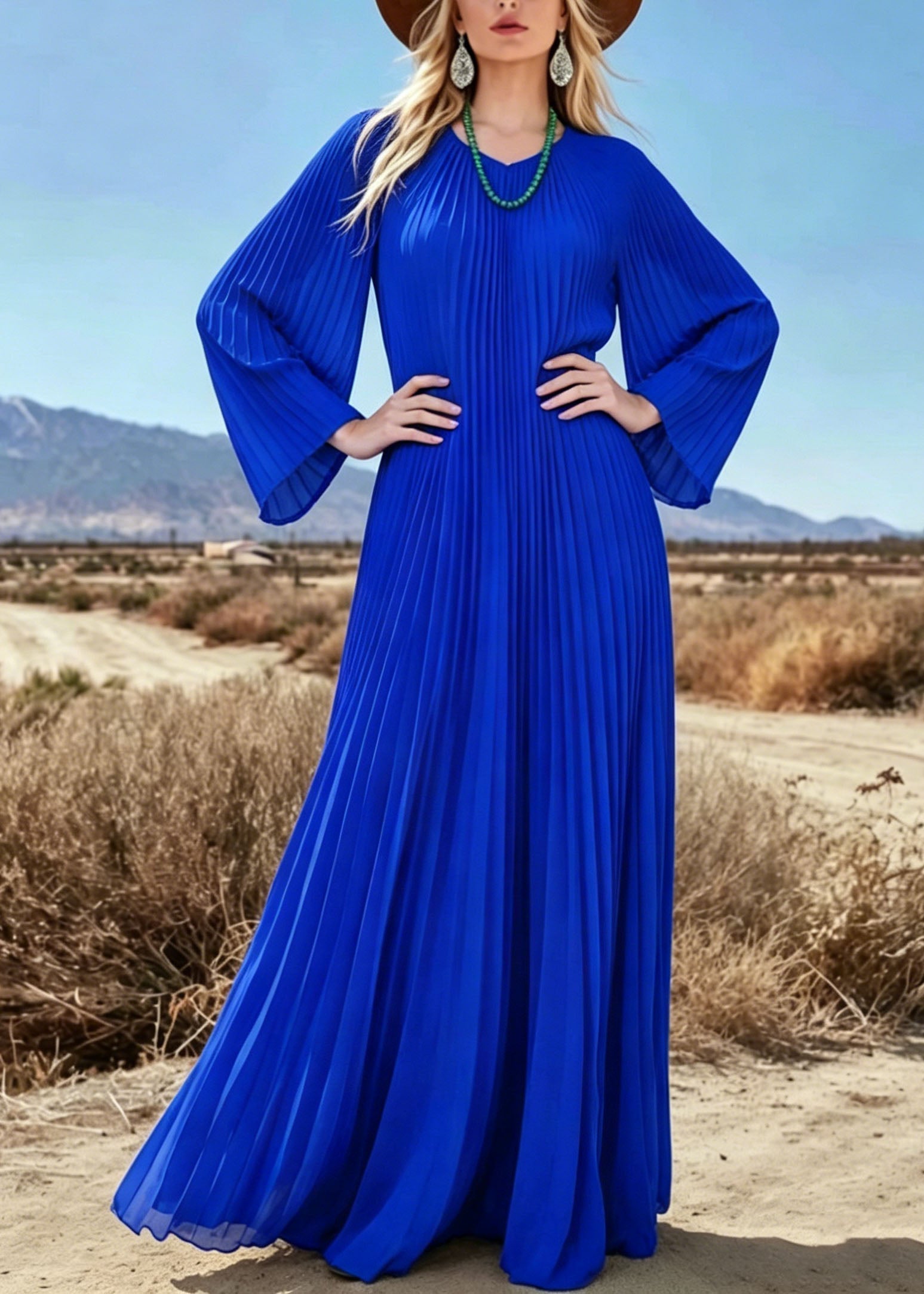 Chiffon Pleated Round Neck Bell Sleeve Flowy Maxi Dress