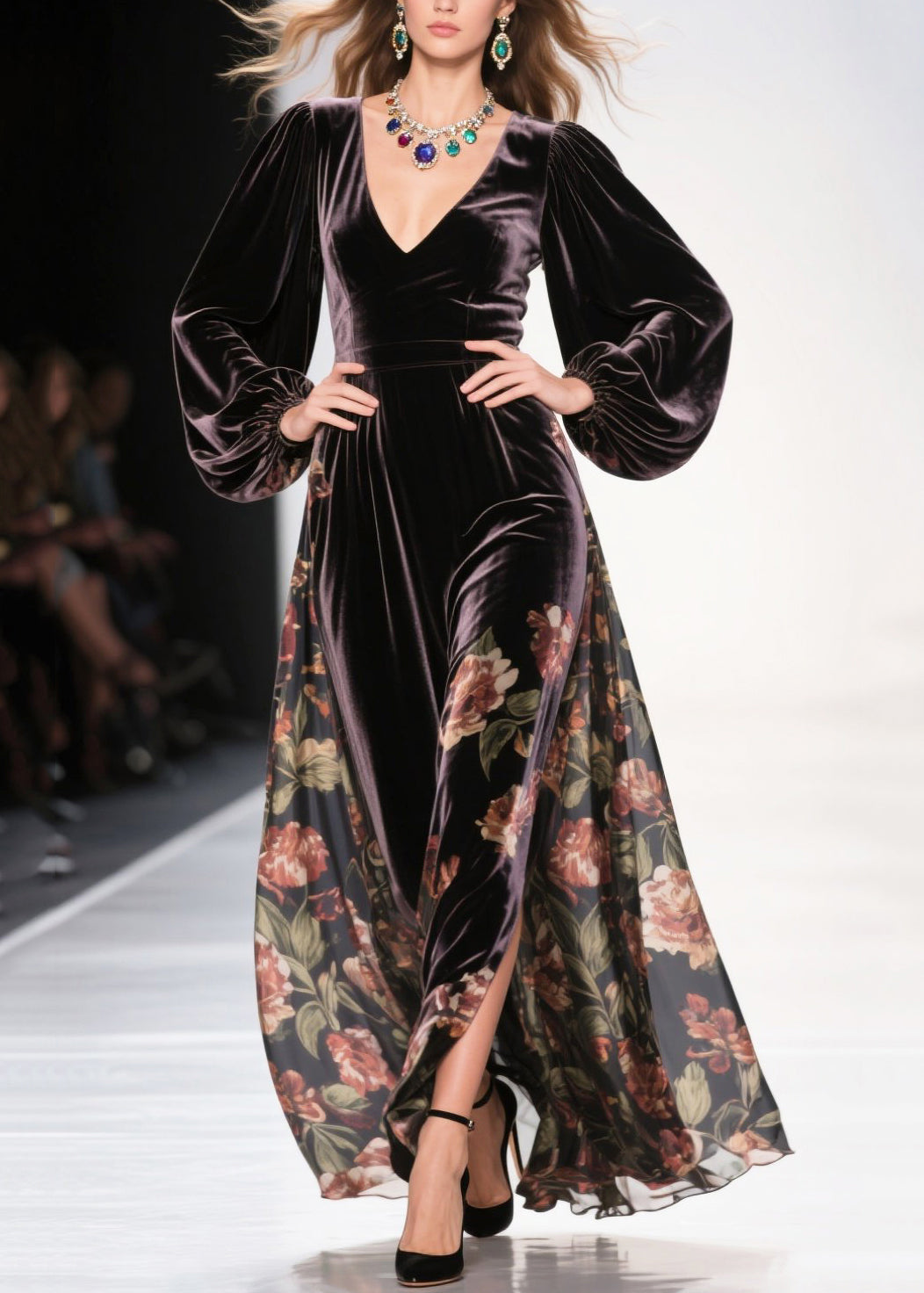 Velvet Deep V-Neck Balloon Sleeve Paneled Maxi Gown