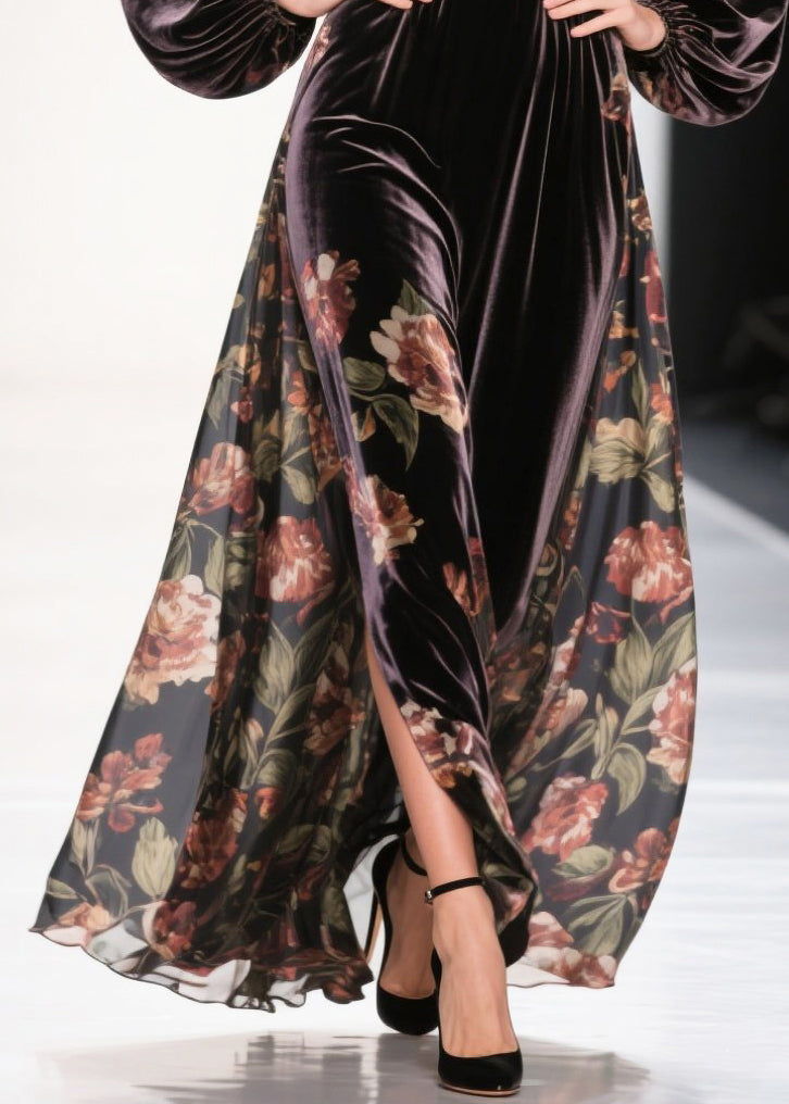 Velvet Deep V-Neck Balloon Sleeve Paneled Maxi Gown