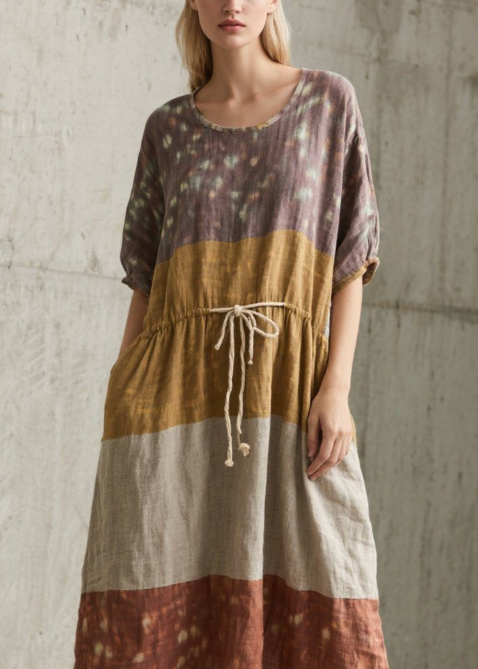 Colorblock Tie Dye Puff Sleeve Drawstring Waist Midi Dress