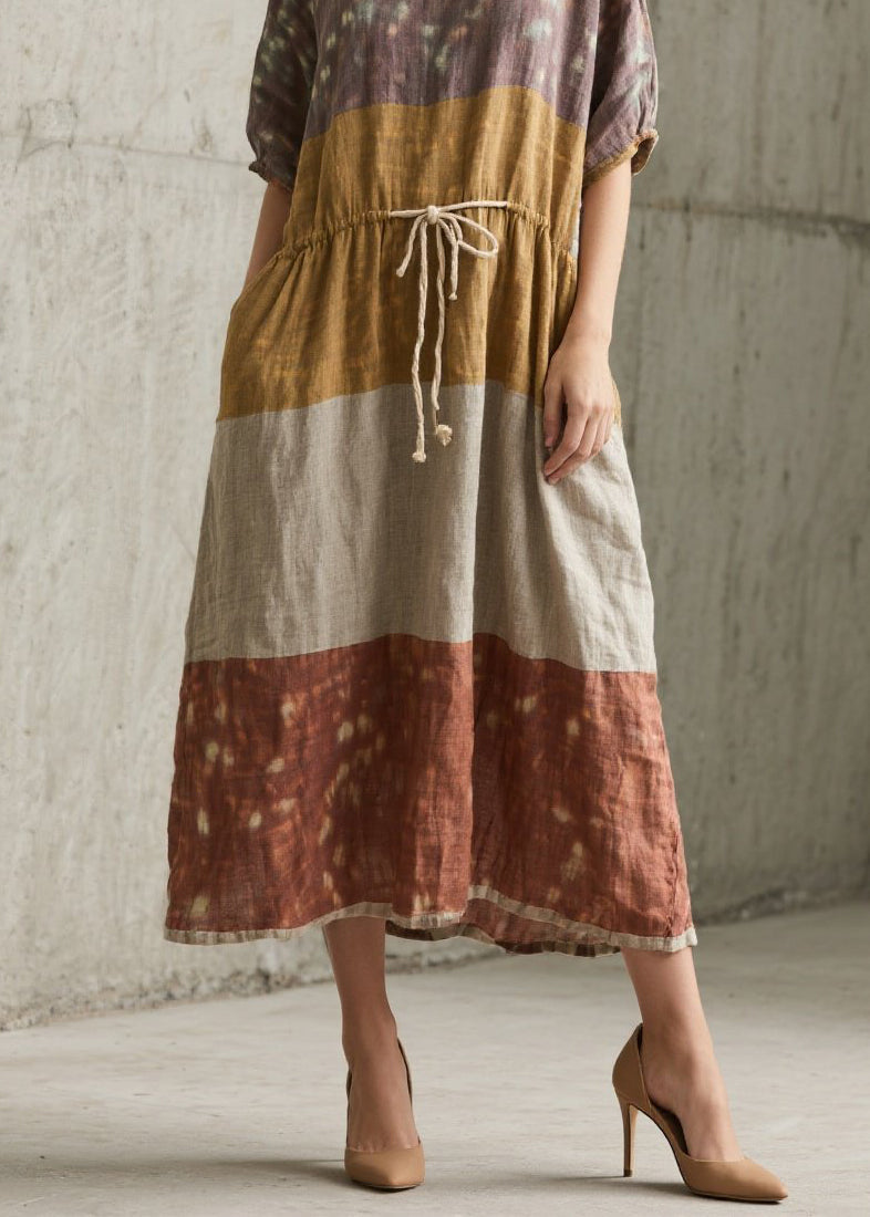 Colorblock Tie Dye Puff Sleeve Drawstring Waist Midi Dress