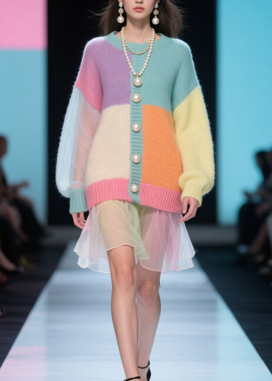 Colorblock Knit Pearl Button Tulle Ruffle Hem Mini Dress