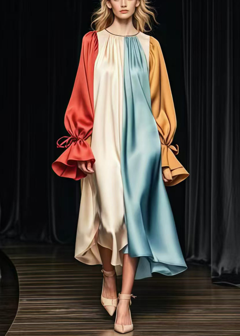 Colorblock Satin Balloon Sleeve Tie Cuff Midi Dress