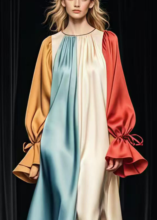 Colorblock Satin Balloon Sleeve Tie Cuff Midi Dress