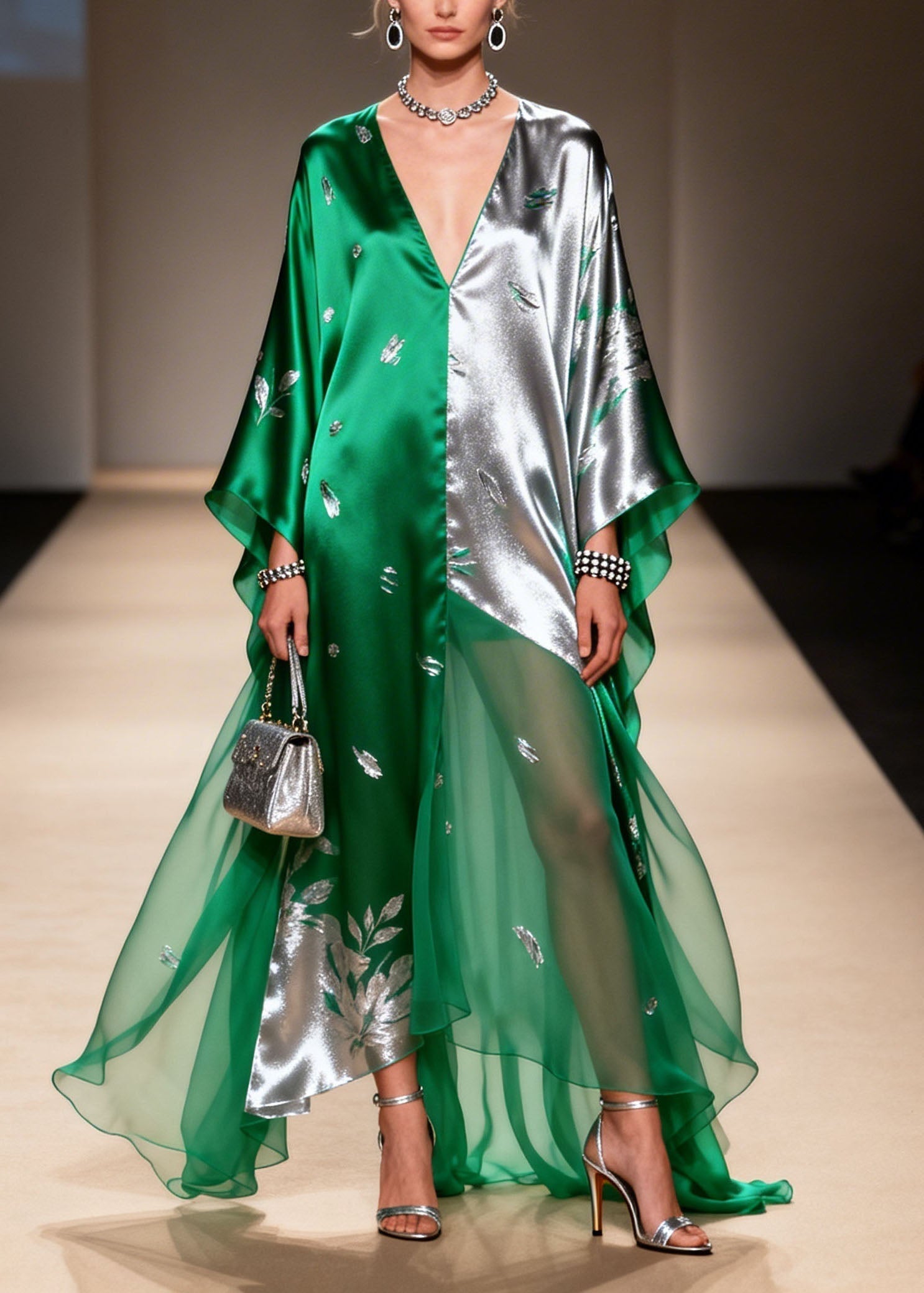 Metallic Floral Applique Asymmetric V-Neck Sheer Tiered Kaftan Maxi Gown
