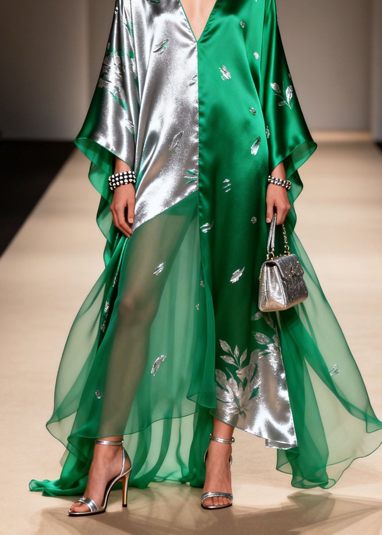 Metallic Floral Applique Asymmetric V-Neck Sheer Tiered Kaftan Maxi Gown