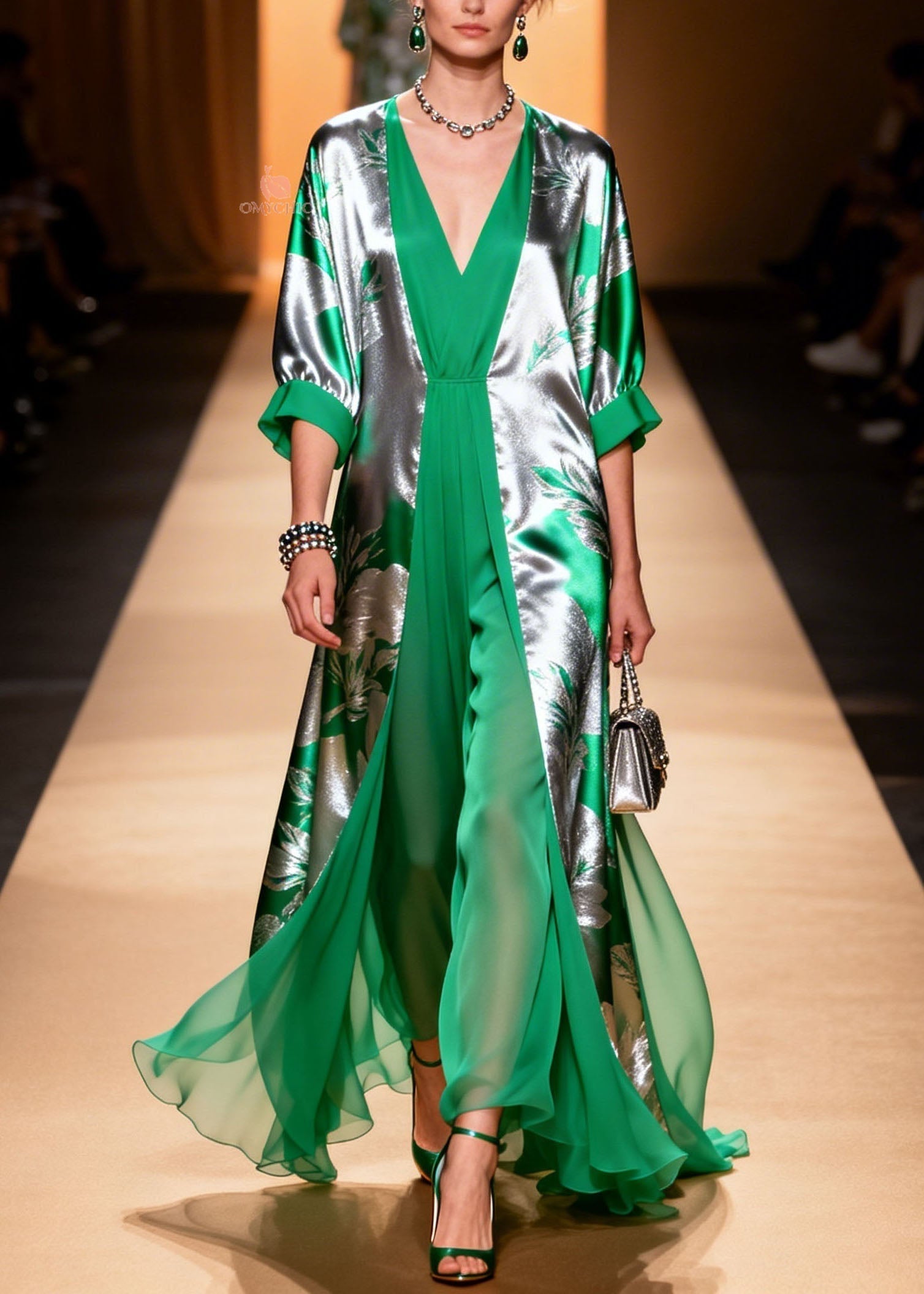 Botanical Print Duster Coat Wide Leg Deep V-Neck Jumpsuit Two Piece Set