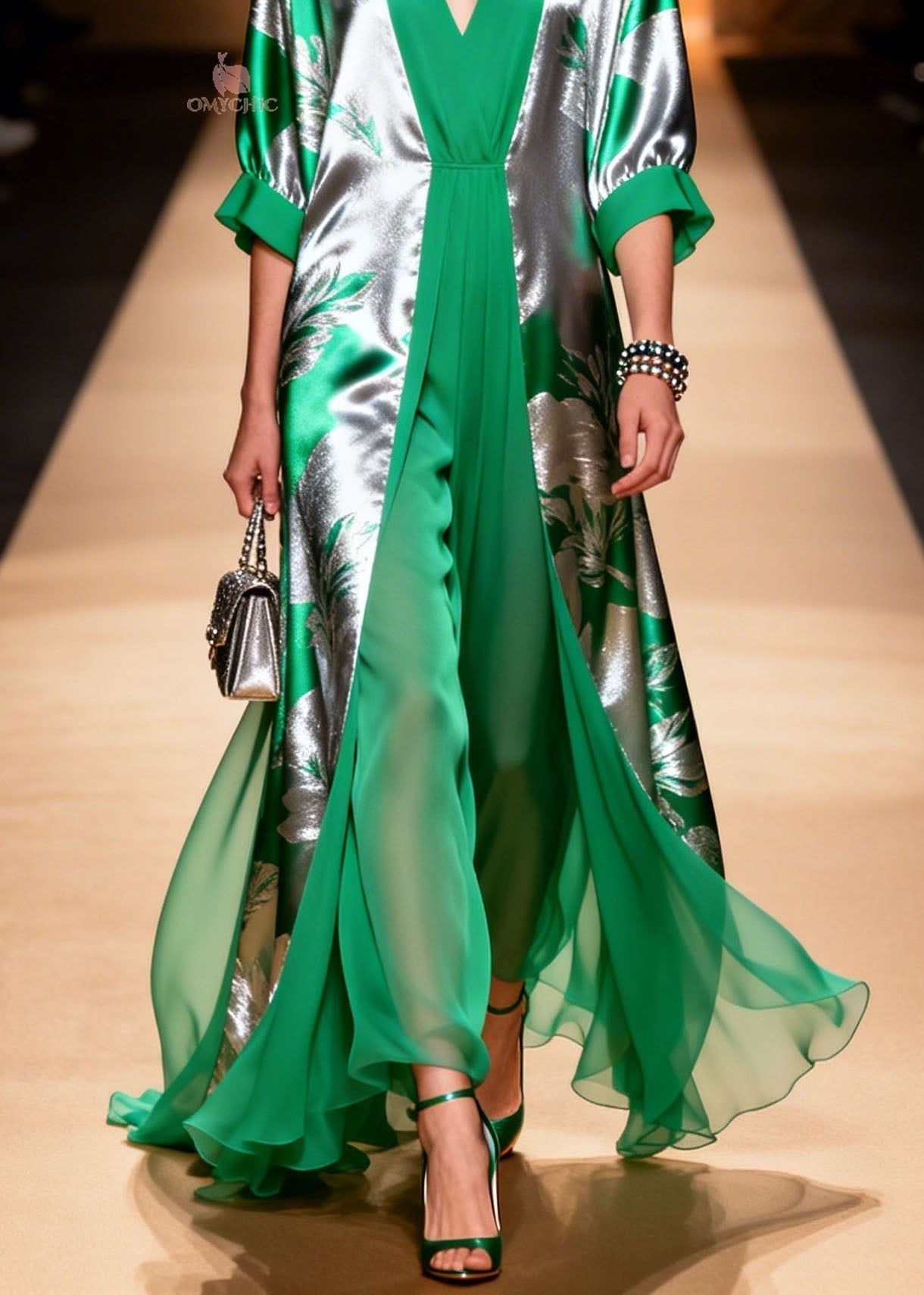Botanical Print Duster Coat Wide Leg Deep V-Neck Jumpsuit Two Piece Set