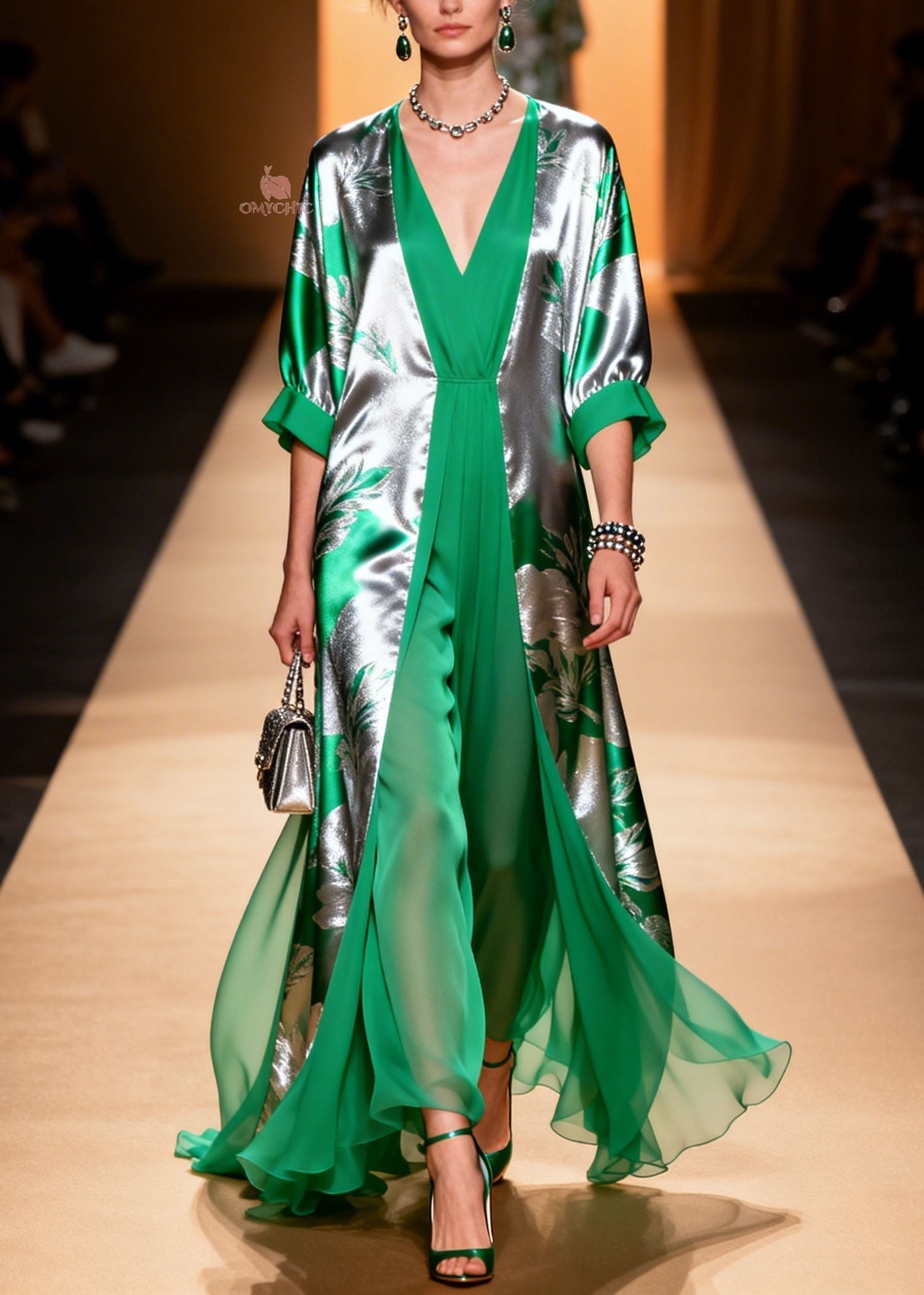 Botanical Print Duster Coat Wide Leg Deep V-Neck Jumpsuit Two Piece Set