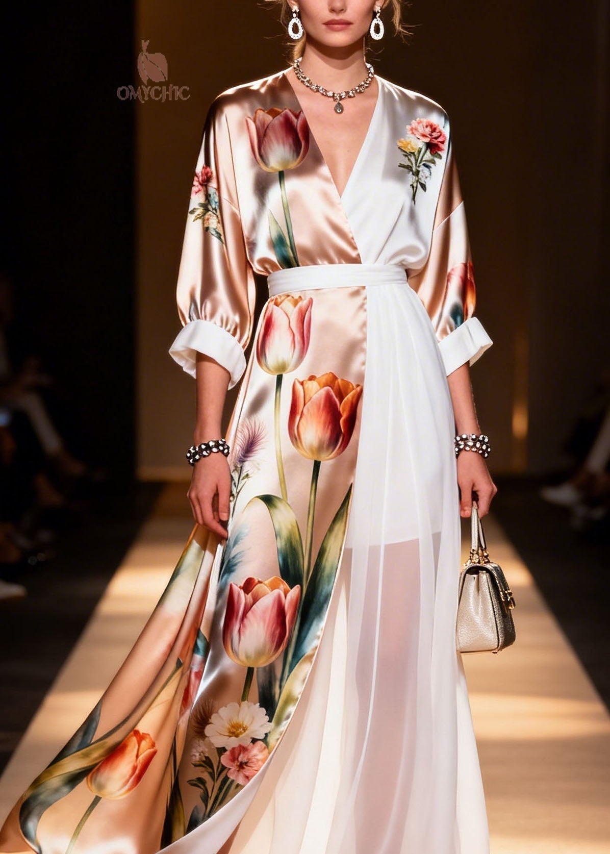 Tulip Floral Print Wrap V-Neck Puff Sleeve Sheer Panel Split Hem Maxi Dress