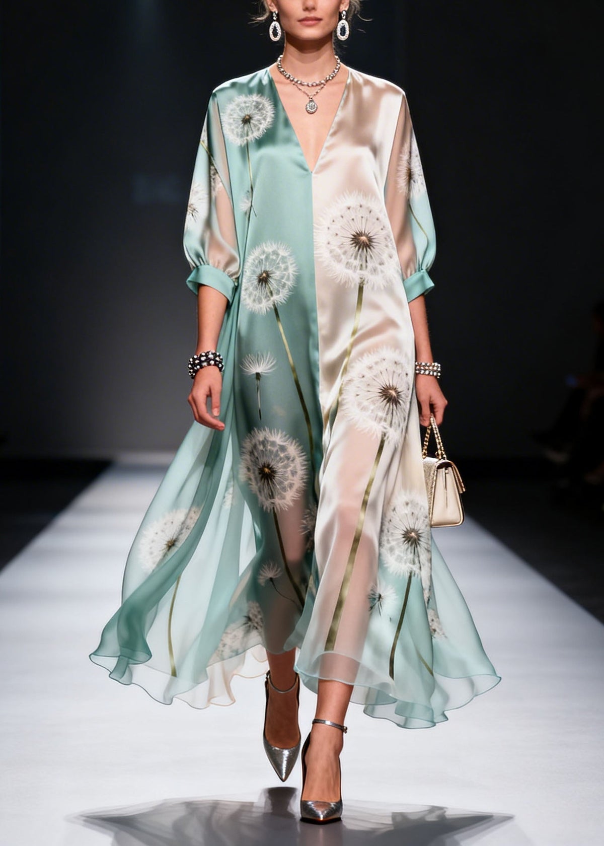 Dandelion Print V-Neck Three Quarter Sleeve Colorblock Satin Chiffon Maxi Dress