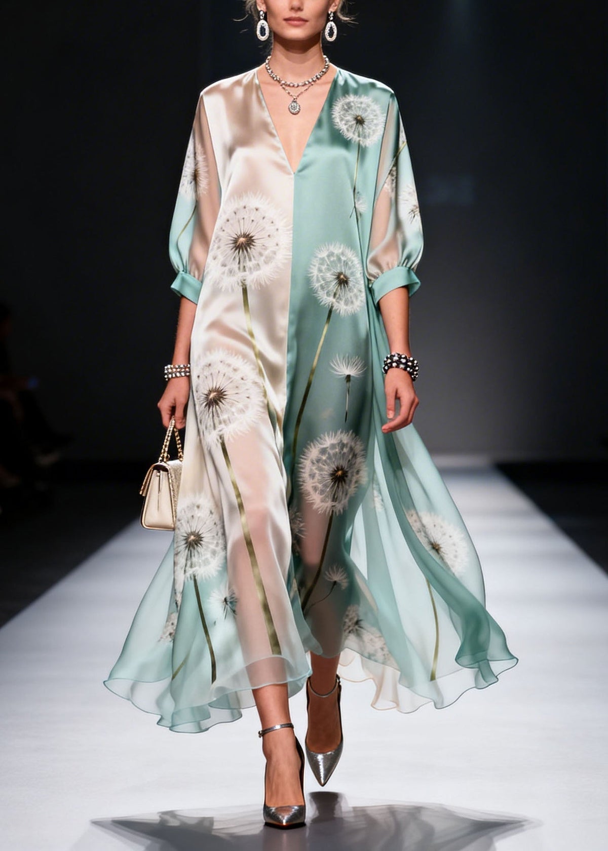 Dandelion Print V-Neck Three Quarter Sleeve Colorblock Satin Chiffon Maxi Dress 3