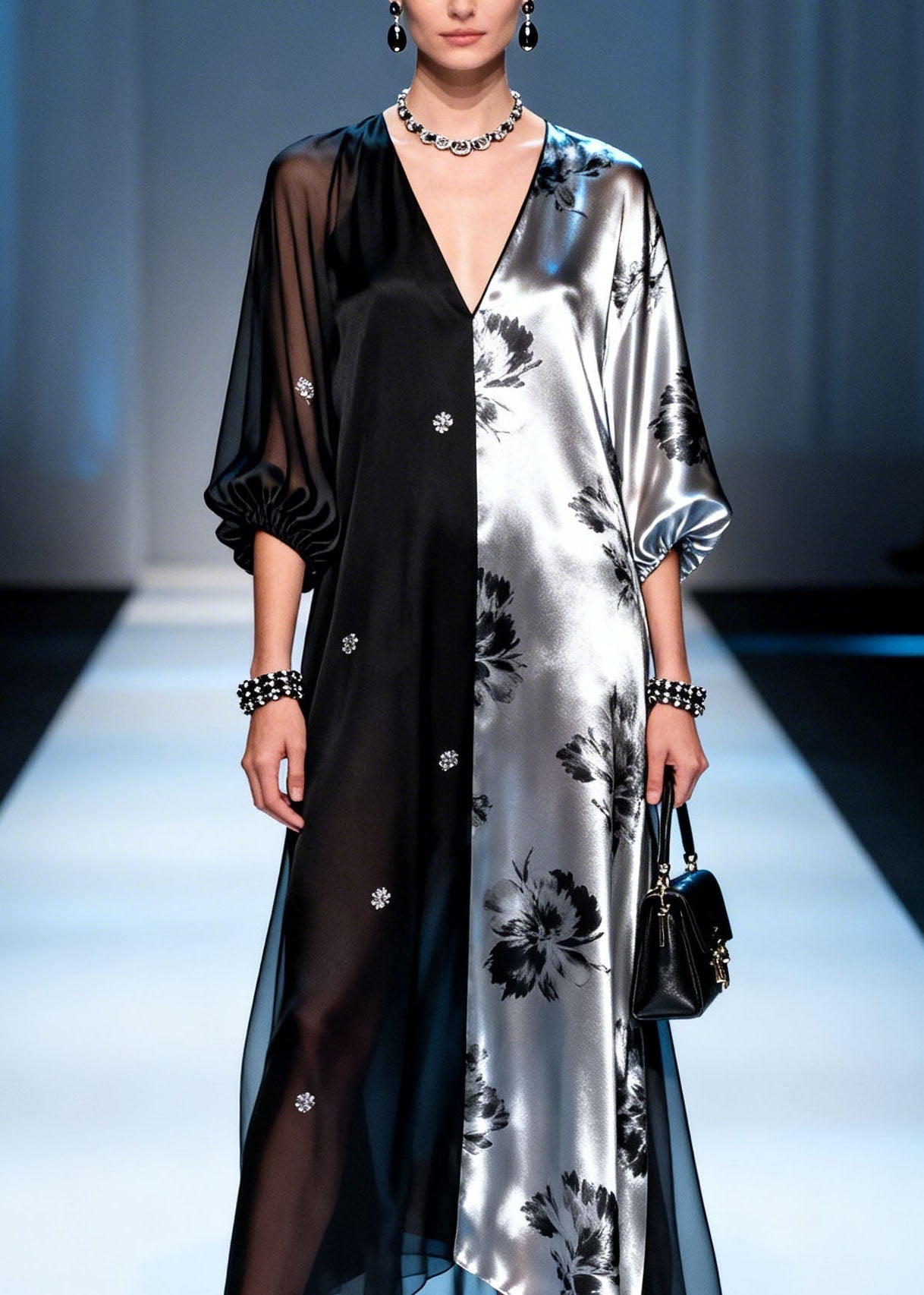 Floral Print Split Panel Deep V-Neck Long Puff Sleeve Sheer Hem Maxi Gown