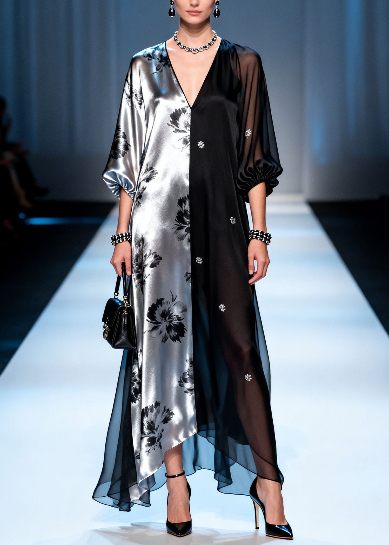 Floral Print Split Panel Deep V-Neck Long Puff Sleeve Sheer Hem Maxi Gown