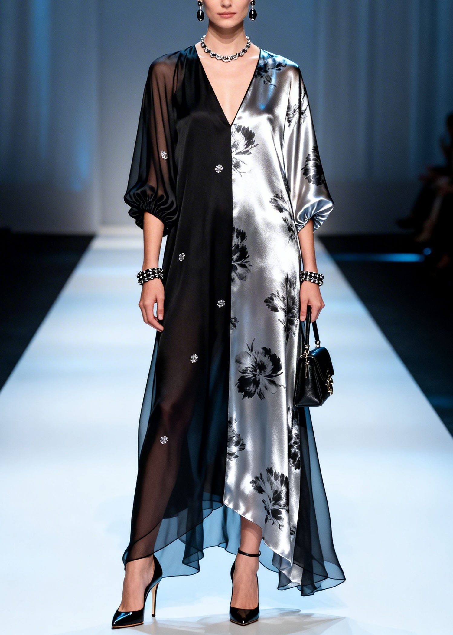 Floral Print Split Panel Deep V-Neck Long Puff Sleeve Sheer Hem Maxi Gown